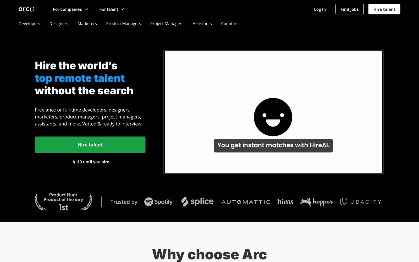 Arc.dev freelance and full-time talent matching homepage