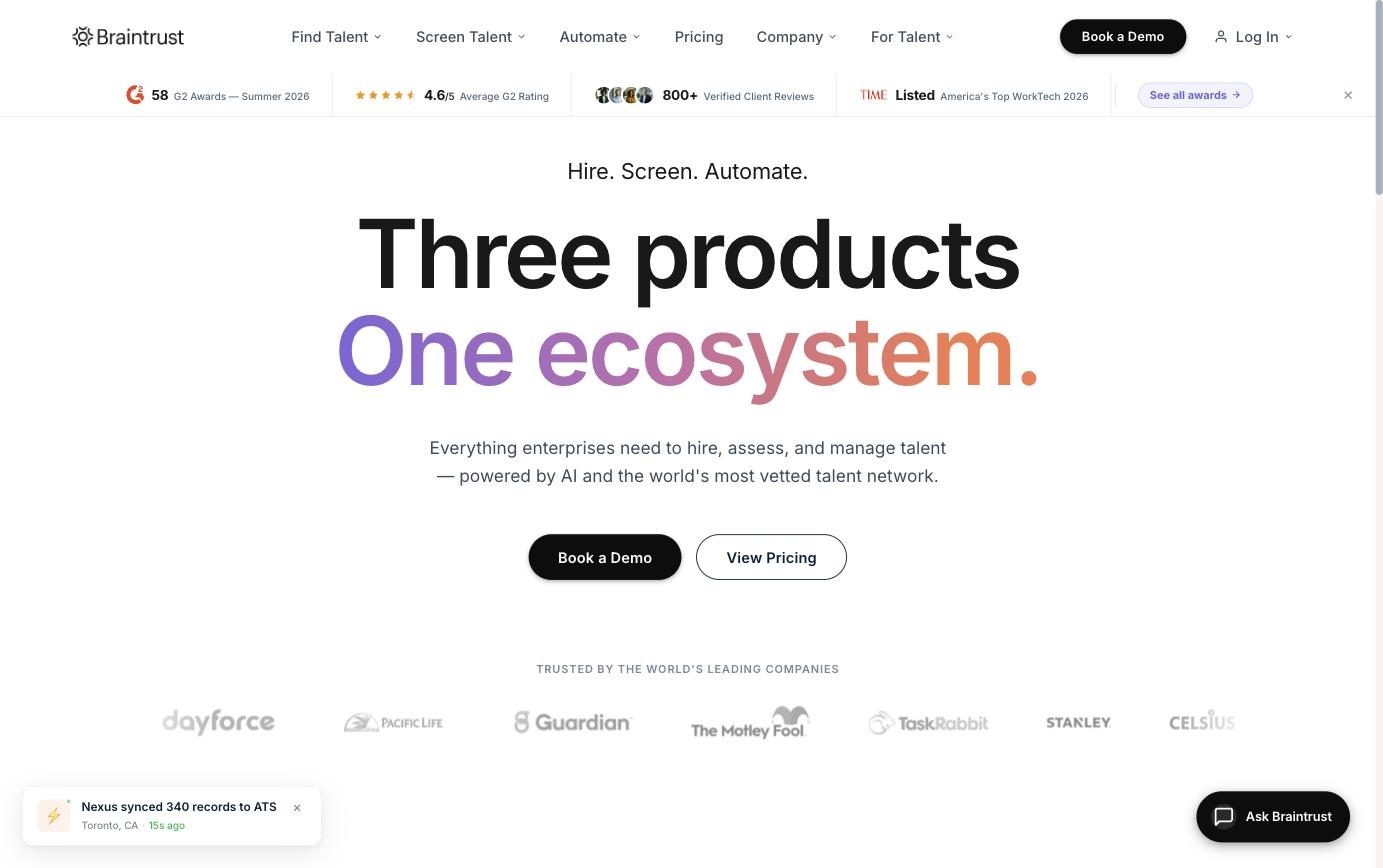 Braintrust token-governed talent network homepage