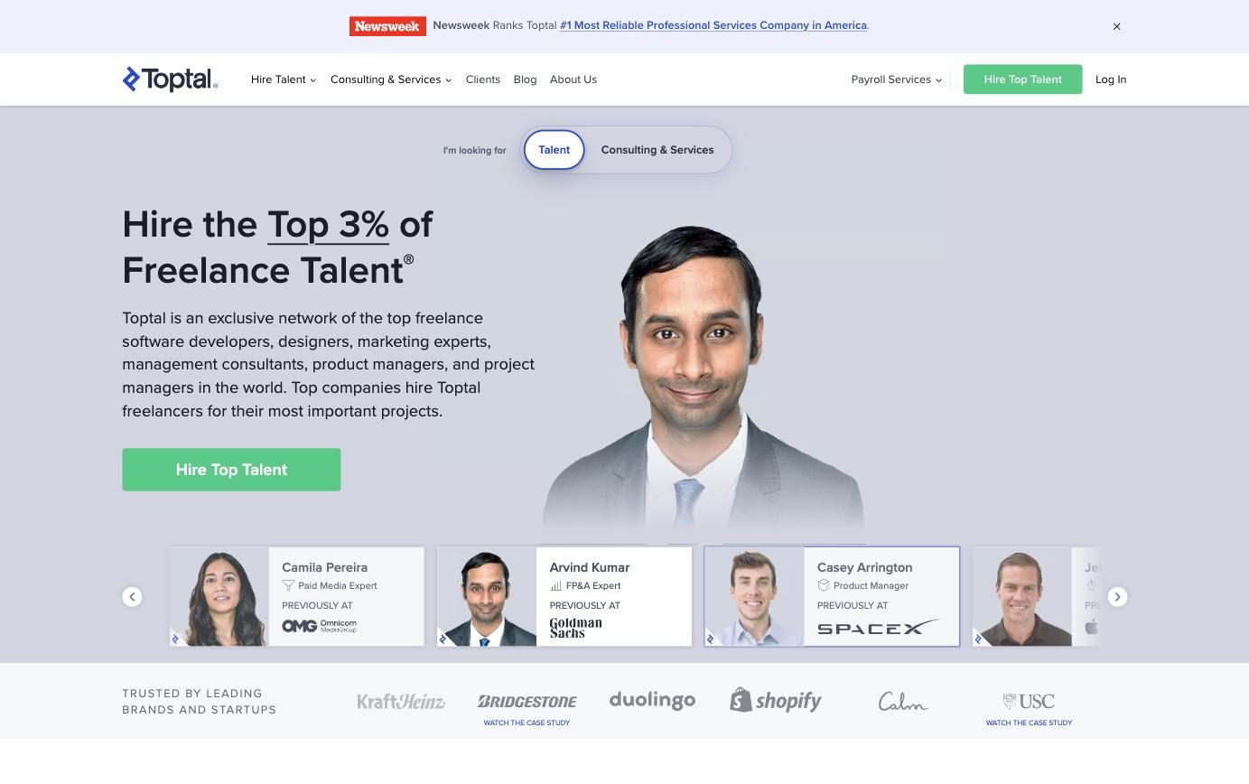 Toptal freelance talent marketplace homepage