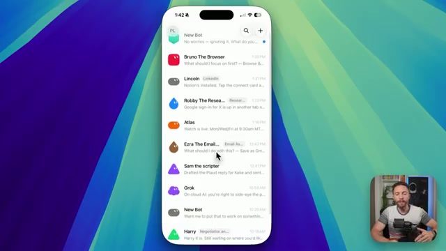 Grok Bot's mobile app showing named, role-specific bots including a browser agent, LinkedIn agent, and research agent