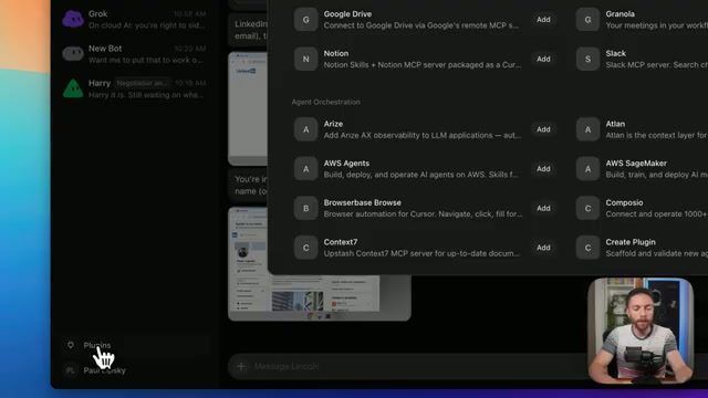 Grok Bot's integration and plugin panel showing Google Drive, Notion, Slack, AWS Agents, and Browserbase options