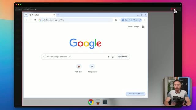 Grok Bot's "watching and learning" mode recording a Chrome browser session to learn a new workflow