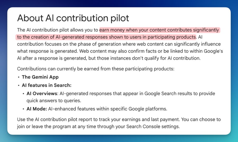 Google Search Console help page titled About AI contribution pilot, with the earn money sentence highlighted